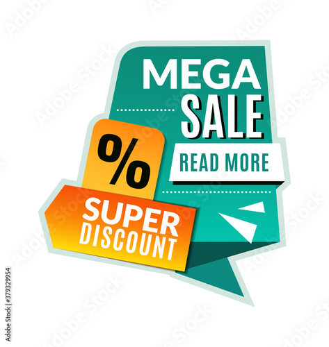 Mega sale tag. Super discount promotional flyer, abstract concept half price website banner, marketing brochure or coupon green and yellow colors vector geometric shapes template