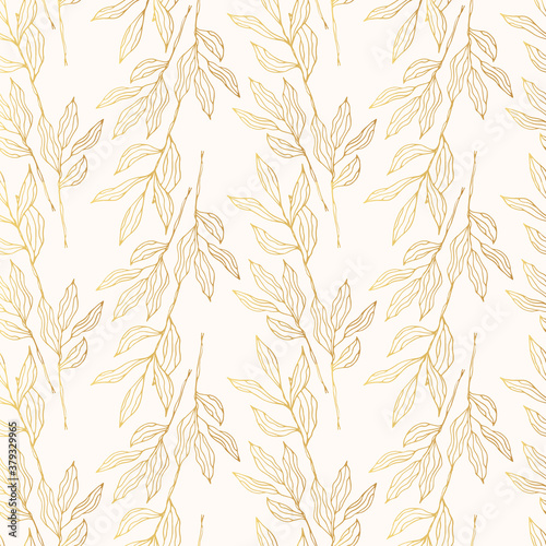Seamless pattern with golden floral branches and herbs. Elegant gold botanical texture for wedding invitations. Vector isolated spring flourish background for textile.