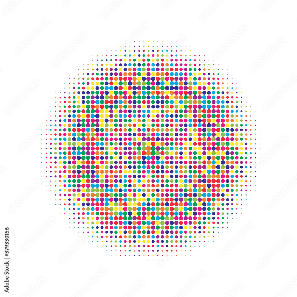 Colorful halftone circles, dots pattern, vector, grunge. Comic texture background. Monochrome half-tone. Circle halftone Dots, Yellow, red, orange, green geometric gradient for pop art designs.
