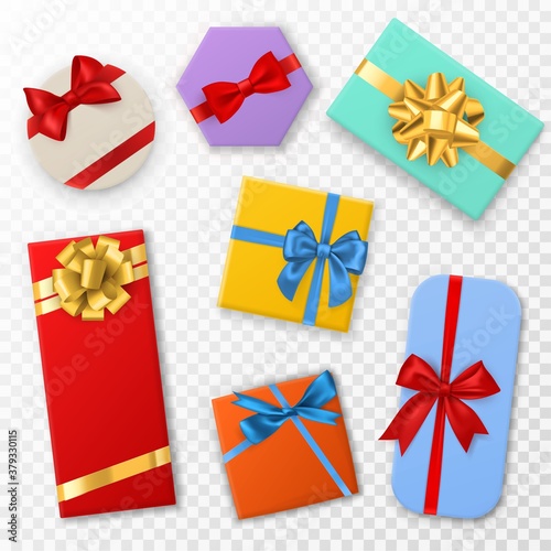 Gift box with bows. Top view gift boxes with red, blue and gold ribbon bow. Birthday, christmas or valentine day presents. Decoration stylish wrap vector set on transparent background