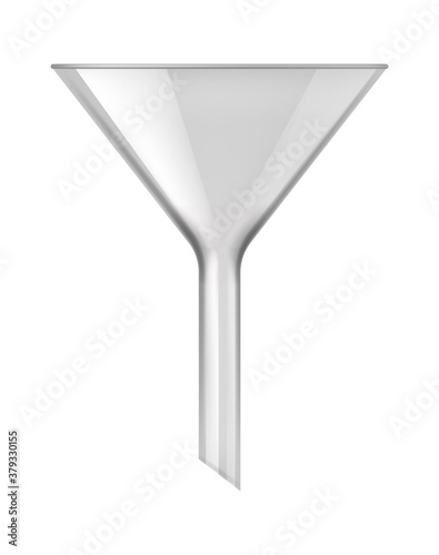 Chemical glass funnel. Medical pharmacy or biology laboratory filter equipment, 3d glassware for liquids filtration, vector realistic illustration isolated on transparent background