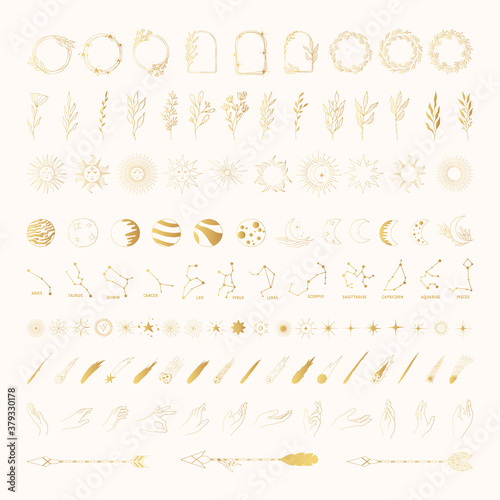 Big golden set of hand drawn space and boho elements. Stars, comets, hands, celestial sun with face, half moon, starburst, constellations, branches, planets, arrows. Gold herb borders.