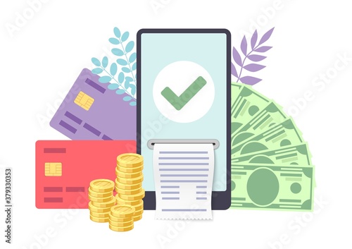 Online card payment concept. Smartphone with credit cards, cash and coins, transaction on device screen, online banking electronic bill template for transfer vector flat illustration