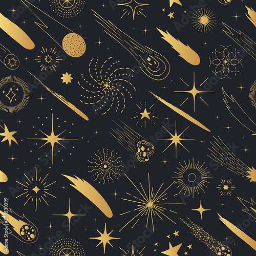 Golden space background. Holiday Christmas seamless pattern with stars, comets, sun and moon. Kids gold texture for wrapping paper or wallpaper.