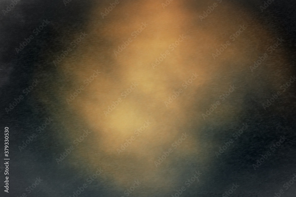 Distressed blurred abstract background yellow spot on a dark background with traces of grain spots.