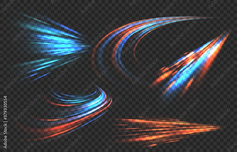 © YummyBuum - Light motion trails. High speed effect motion blur night lights in blue and red colors, abstract flash perspective road glow streaks long time exposure vector set on transparent background