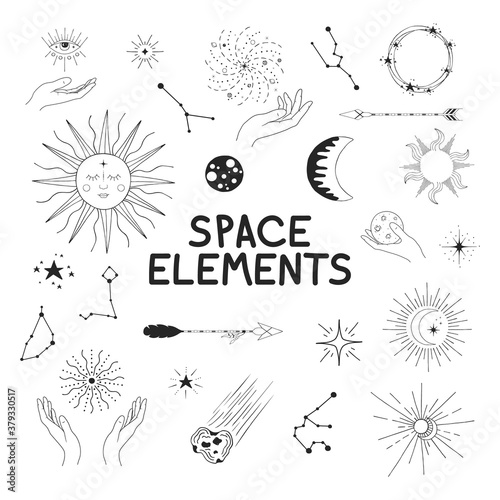 Set of hand drawn space elements. Sun with face, falling star, comet, planet, zodiac sign, hands, crescent, half moon, starburst, arrows. Constellations, boho design doodle.