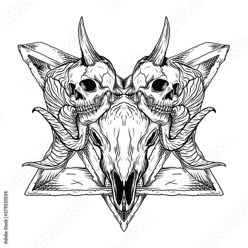 tattoo and t-shirt design black and white hand drawn illustration baphomet satanism goat skull  engraving ornament premium vector