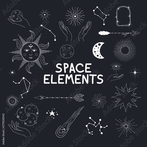 Set of hand drawn space elements. Constellations, boho design doodle. Sun with face, falling star, comet, planet, zodiac sign, hands, crescent, half moon, starburst, arrows. 
