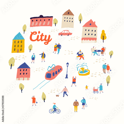 City flat vector. People crowd. Male and female flat characters isolated on white background.	
