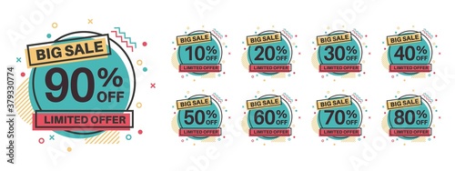 Sale tags. Discount badges 10, 20, 30, 40, 50, 60, 70, 80, 90 percent off. Retail price sale labels, special offer circle stickers, marketing promotion emblems vector flat template