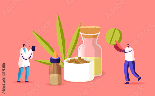 Alternative Cbd Medication, Light Drugs. Scientist or Pharmacist Characters Produce Oil and Pills of Medical Cannabis