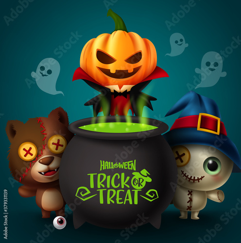 Happy halloween vector banner concept design. Happy halloween text in pot magic potion with scary characters like pumpkin, bear and teddy bear characters for trick and treat party. Vector illustration