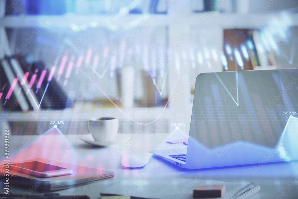 Stock market graph on background with desk and personal computer. Multi exposure. Concept of financial analysis. Stock market graph on background with desk and personal computer. Multi exposure. Concept of financial analysis.