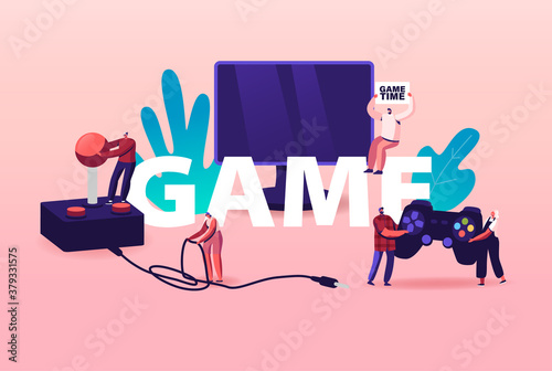 Computer Games Concept. Tiny Characters with Huge Console and Joystick at Tv Screen. Gaming Leisure Addiction, Sparetime