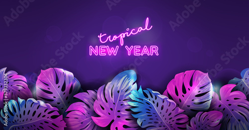 Christmas tropic neon banner, winter beach monstera palm leaves design , xmas tropical background