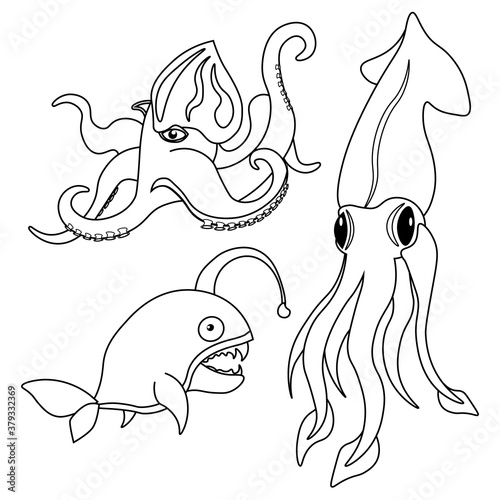 Vector set for coloring sea creatures octopus, squid and monkfish. Coloring book for adults and children.
