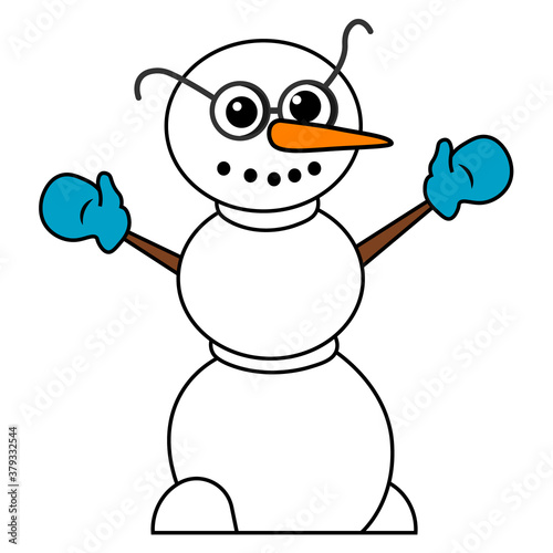 Funny snowman with glasses. Vector illustration on a white isolated background.
