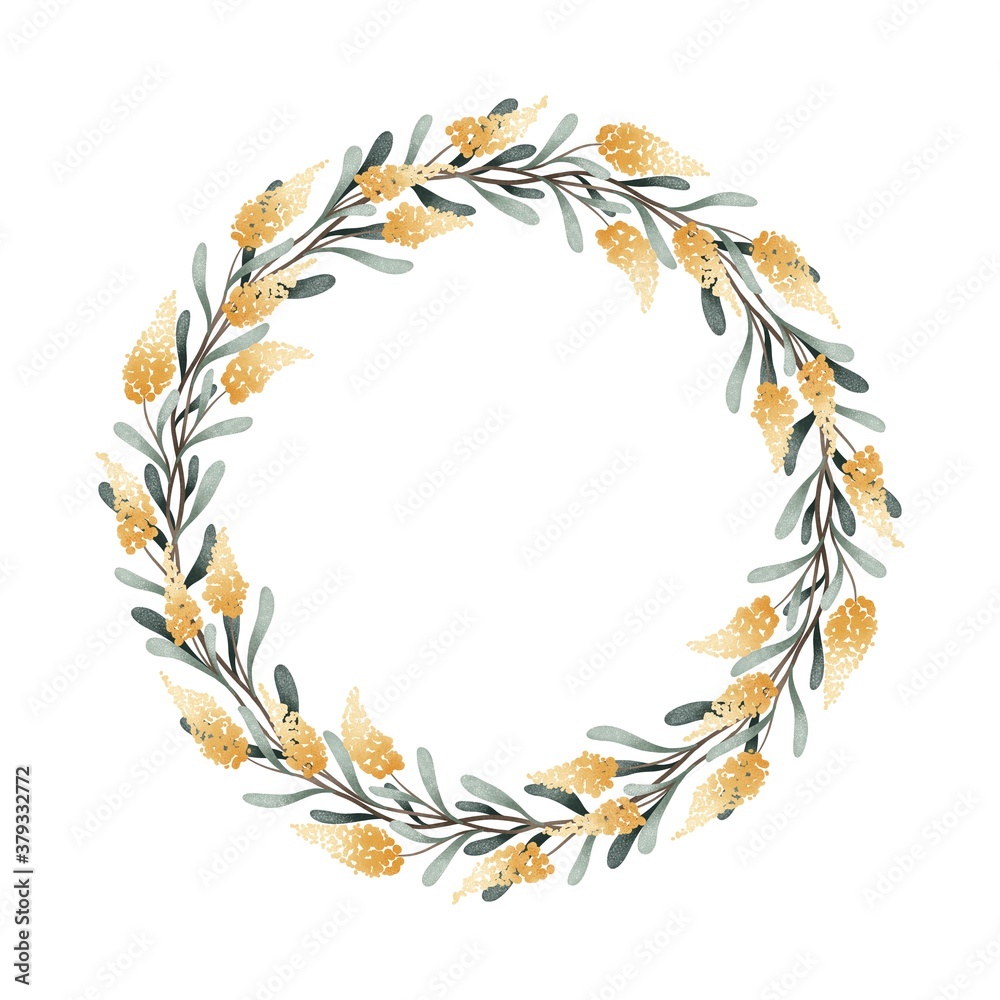 Naklejka premium Watercolor digital illustration. Botanical wreath of green branches and leaves with flowers and polka dots. Floral Design elements.