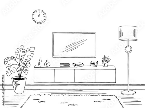 Living room graphic black white home interior sketch illustration vector