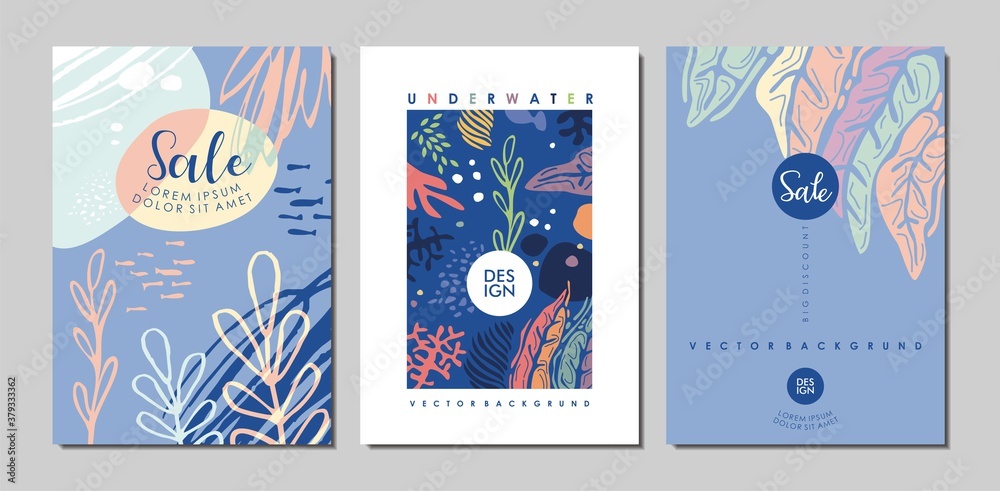 Cover design template with underwater floral patterns for sale promotions and summer events. Corals and seaweed background design layouts. Brochure contemporary background vector pattern.