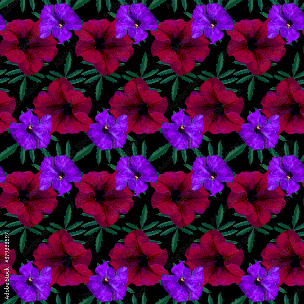Seamless pattern with red, purple Petunia flowers and green leaves on black background. Endless colorful floral texture. Raster illustration.