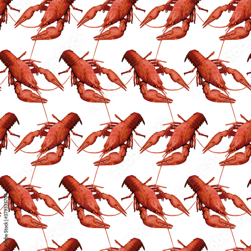Seamless pattern with red crayfish on white background. Endless crawfish texture. Raster illustration.