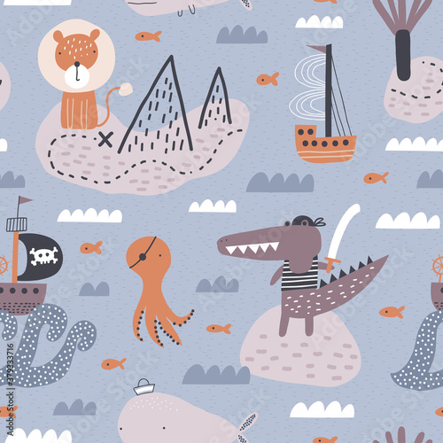 Seamless childish pattern with lion, alligator, octopus pirates. Cute marine kids texture for fabric, wrapping, textile, wallpaper, apparel. Vector background.