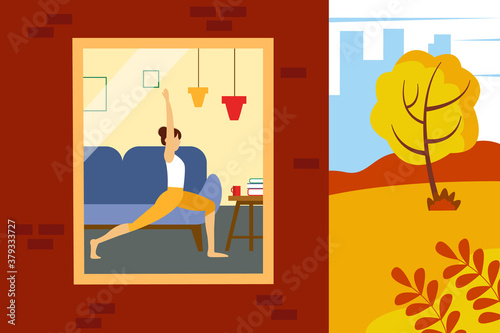 Woman doing exercises at home. Illustration of half a house and a street. Vector illustration in flat style.