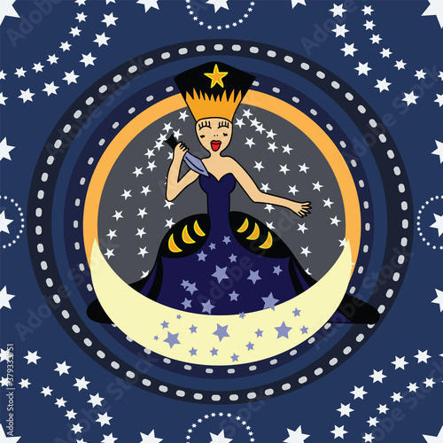 Queen of the night from Amadeus Mozart Magic Flute opera. Lady in sword in hand, seamless pattern made with circles of stars. Perfect for fabric, paper, wallpaper.