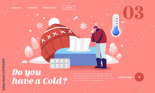 Male Character with Cold Allergy Symptoms Sneezing Landing Page Template. Sick Person Illness with Cough and Sneeze