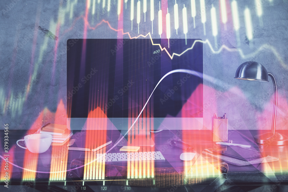 Financial chart drawing and table with computer on background. Multi exposure. Concept of international markets. Financial chart drawing and table with computer on background. Multi exposure. Concept of international markets.