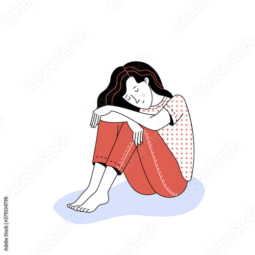 Upset long haired young woman character sitting on white background as illustration of mental disorder psychotherapy concept loneliness and depression