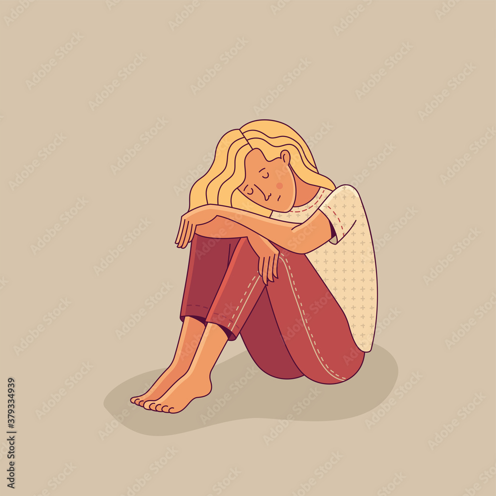 Sad young woman sitting alone as illustration of mental disorder,  psychotherapy concept, loneliness, and depression. Flat cartoon vector  character. Stock Vector | Adobe Stock