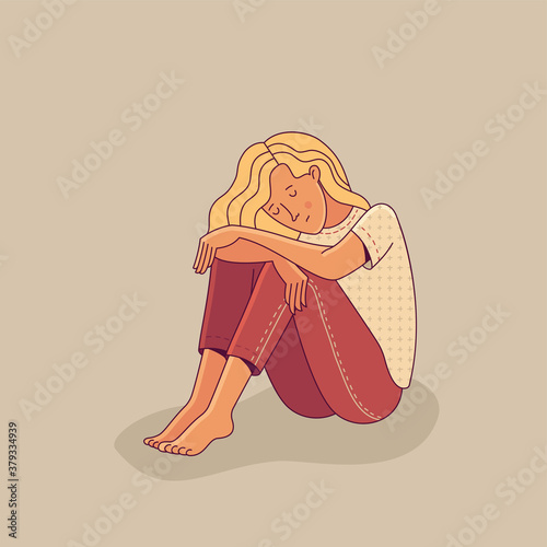Sad young woman sitting alone as illustration of mental disorder, psychotherapy concept, loneliness, and depression. Flat cartoon vector character.