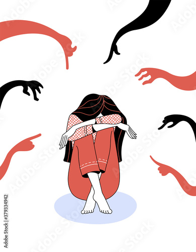 Stressed young woman character sits hiding head and numerous hands with pointing fingers on white background as illustration of bullying and psychotherapy