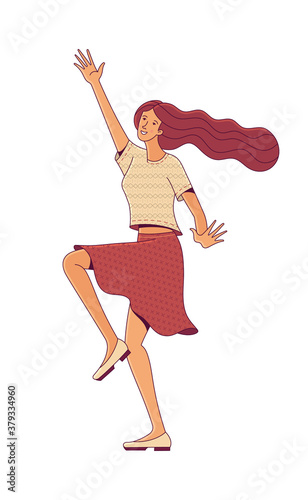Dancing young woman with long flowing hair raising hand up. Positive thinking. Life enjoying concept. Vector flat female character