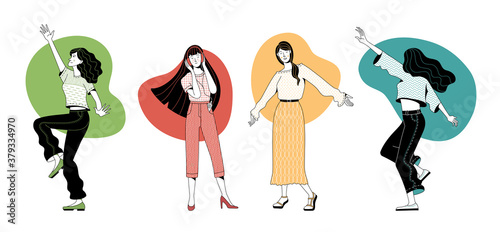 Set of joyful young women enjoying life vector illustration. Happy girls dancing and listening to music. Flat duotone female characters. Cartoon good mood and positive thinking concept