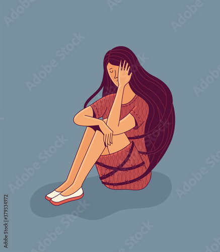 Crying young woman character tied with long loose flowing hair sits on floor on beige background as illustration of mental disorder and psychotherapy concept