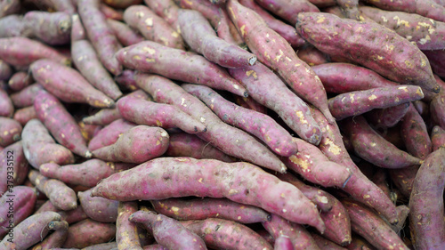 Arrangement of purple sweet potatoes in the market