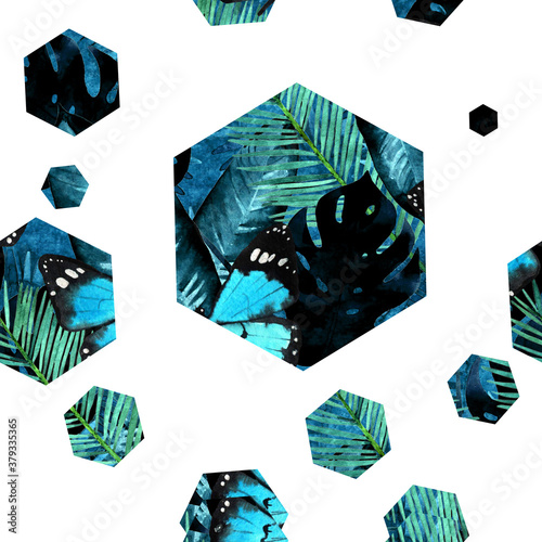 Seamless pattern illustration with palm,monstera,fern leaves and butterflies in hexagons isolated on white background