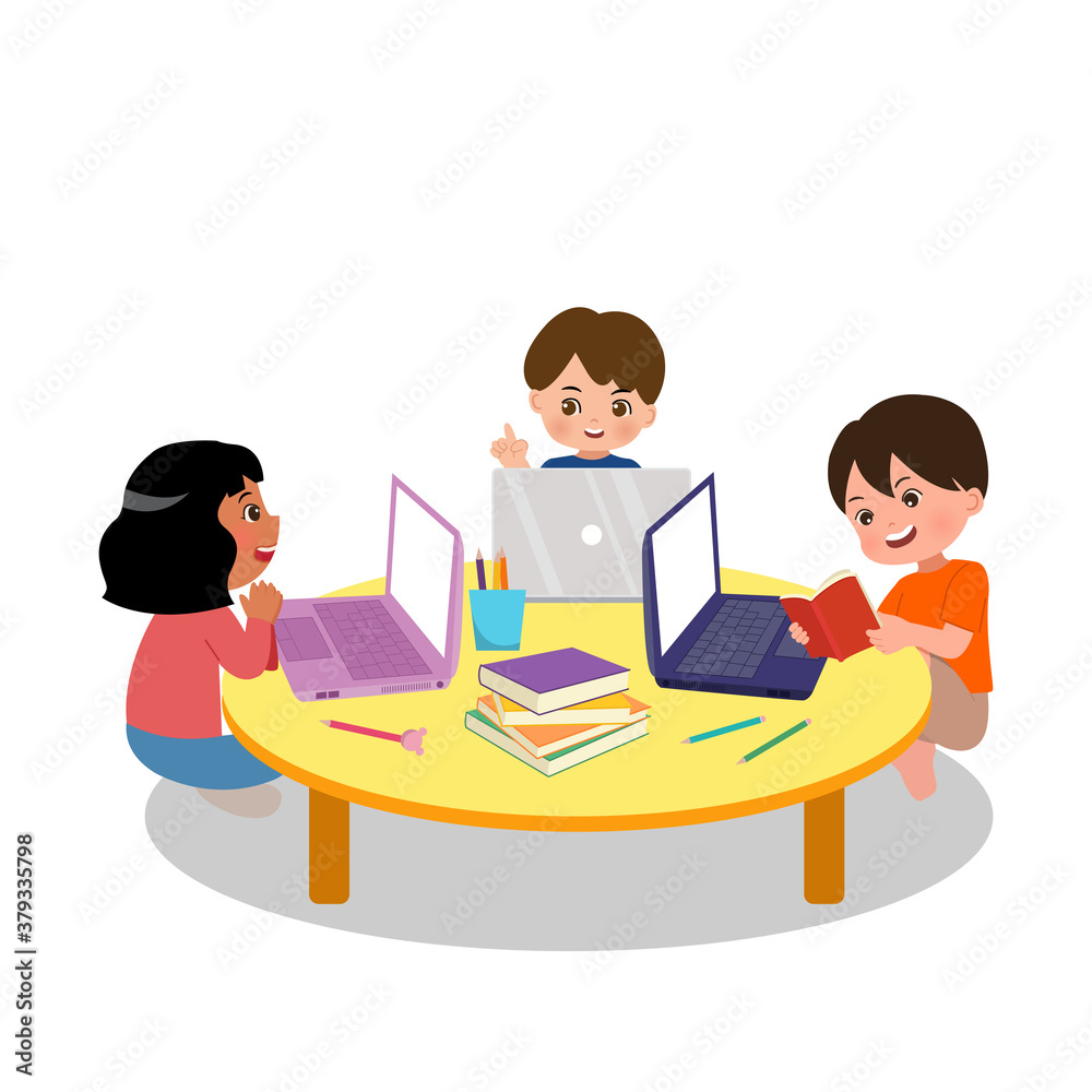 School study group activity. Elementary children doing research together for home work together with laptop and books. Boy and Girl having discussion. Flat vector isolated on white background. School study group activity. Elementary children doing research together for home work together with laptop and books. Boy and Girl having discussion. Flat vector isolated on white background.