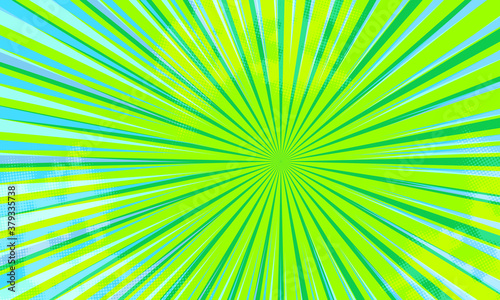 Comic book abstract template with rays and halftone. Humor effects on radial background. Illustration in magazine style, trendy colors. Copyspace for advertising or design. Dotted, geometric green.