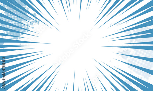 Comic book abstract template with rays and halftone. Humor effects on radial background. Illustration in magazine style, trendy colors. Copyspace for advertising or design. Dotted, geometric blue.