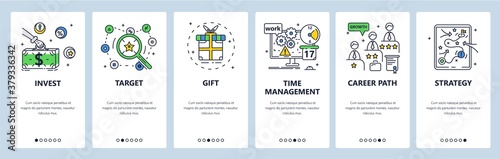 SEO marketing strategy planning. Career path, target gift investment. Mobile app screens, vector website banner template