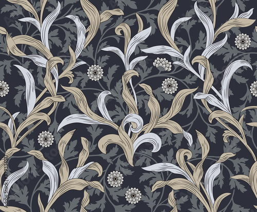 Floral seamless pattern with leaves on dark background. Vector illustration.