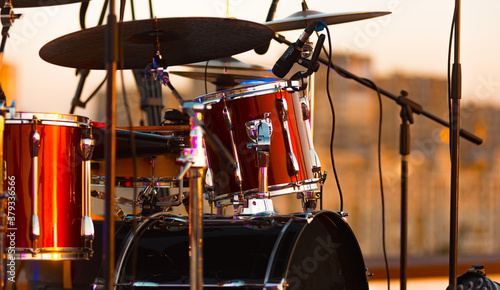 Oh wonderful close up photo of a drum kit on the stage