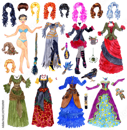 Foto Big colorful set of dress up paper doll with Halloween witch costumes, hair, broom and scary objects isolated on white
