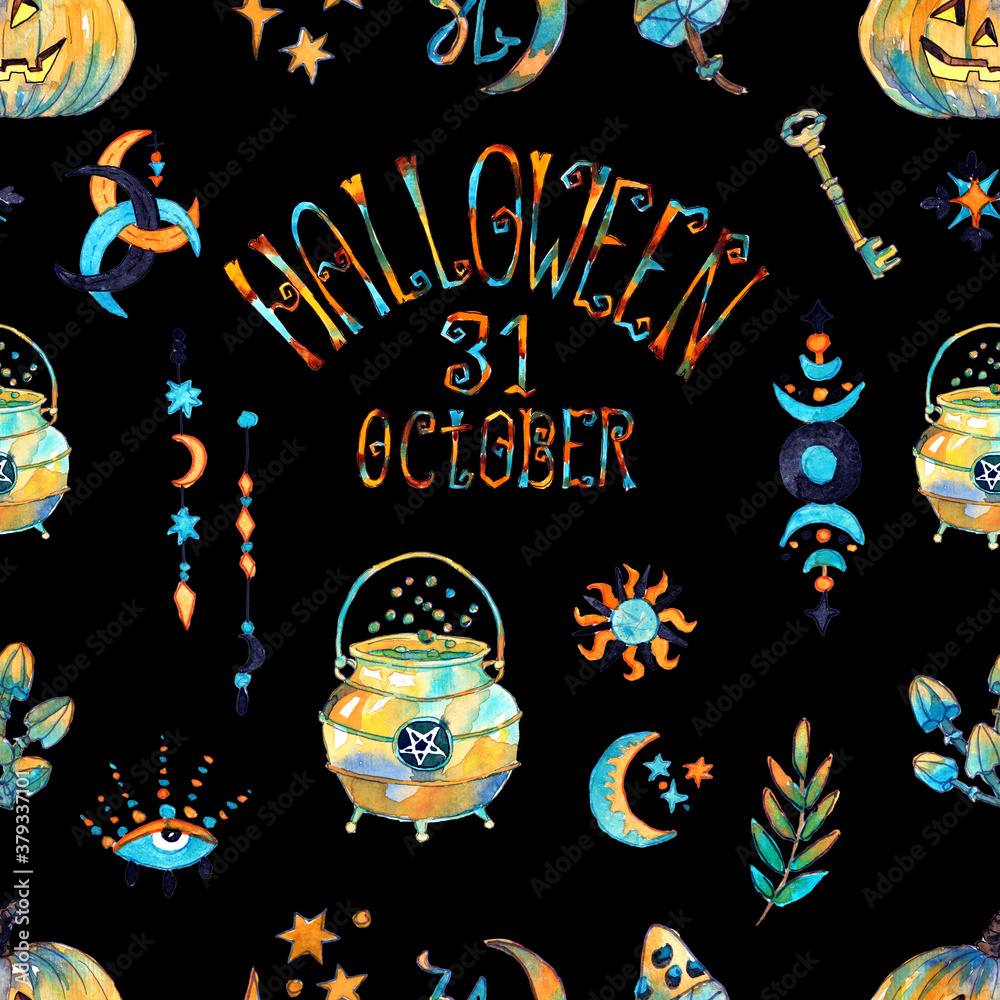 Seamless pattern with lettering, witch cauldron or pot, pumpkin, mushroom and plants on black.