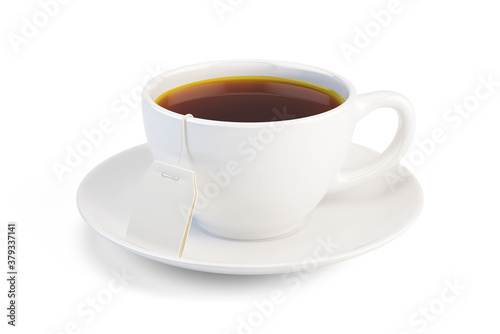 White cup with tea and blank tea tag isolated on white background - 3d rendering mockup